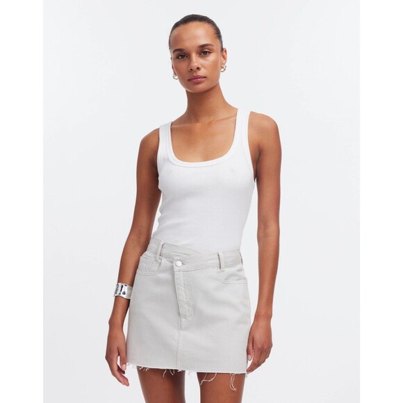 MADEWELL Denim Crossover-Waist Mini Skirt 27 Stone Cut-Off Zip Button NWT B24 - Picture 1 of 6